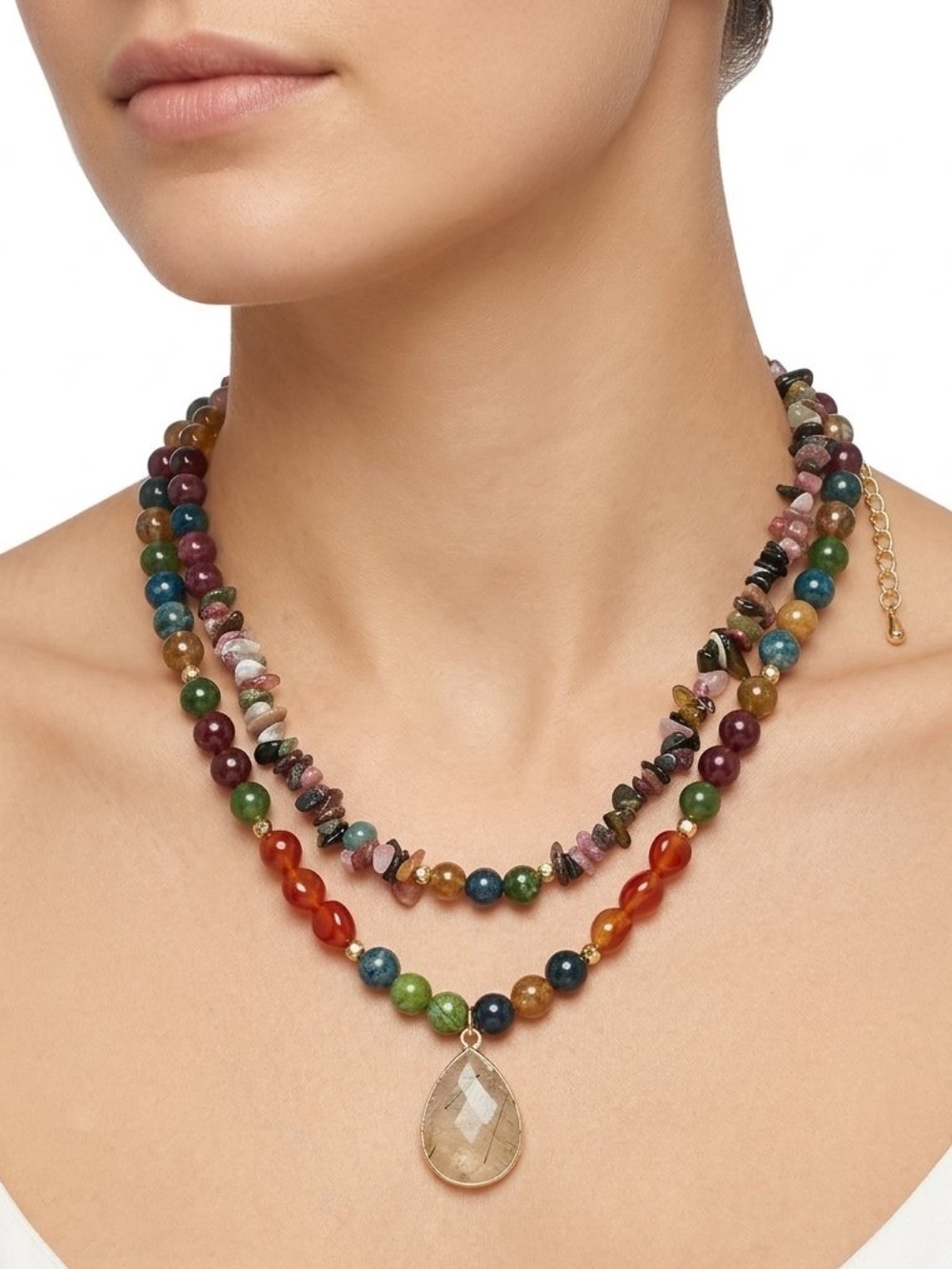 dylan Mysric Multicolored Natural Gemstone Layered Necklace Teardrop Pendant